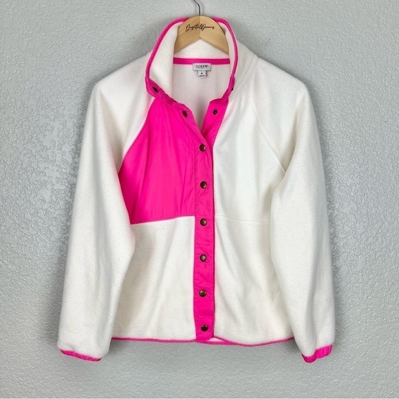 J Crew Sherpa Jacket, Ivory White & Neon Pink M - Fleece, Snap Button Up, Winter - Picture 3 of 11